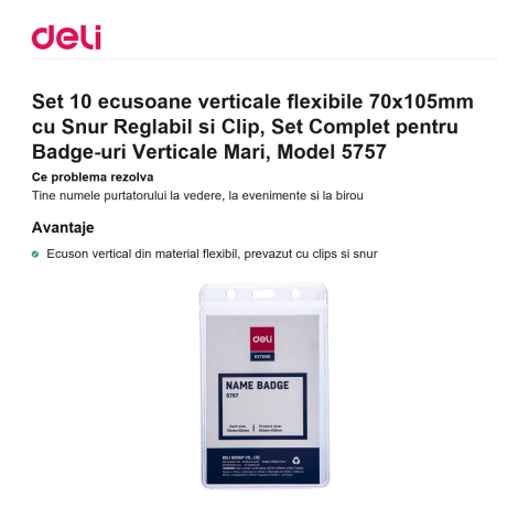 Set 10 ecusoane verticale flexibile 70x105mm cu Snur Reglabil si Clip, Set Complet pentru Badge-uri Verticale Mari, Model 5757 [1]