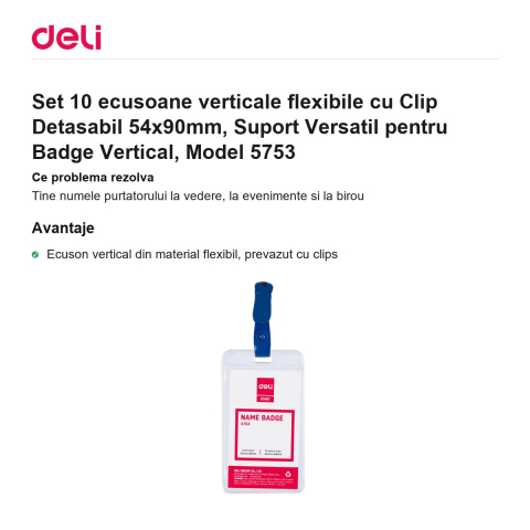 Set 10 ecusoane verticale flexibile cu Clip Detasabil 54x90mm, Suport Versatil pentru Badge Vertical, Model 5753 [1]