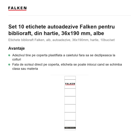 Set 10 etichete autoadezive Falken pentru biblioraft, din hartie, 36x190 mm, albe [1]