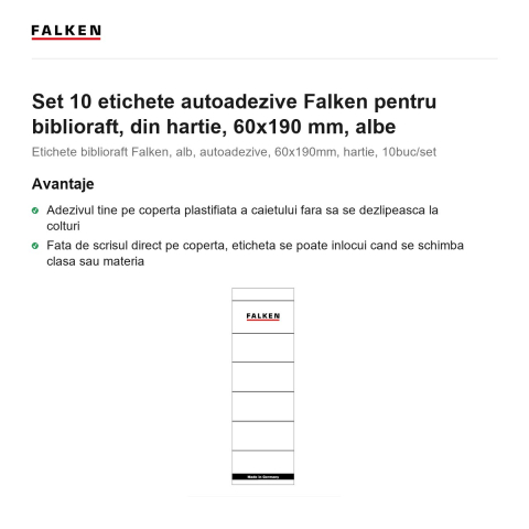 Set 10 etichete autoadezive Falken pentru biblioraft, din hartie, 60x190 mm, albe [1]