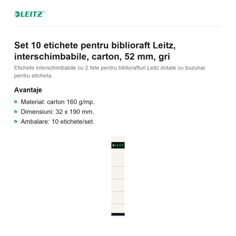 Set 10 etichete pentru biblioraft Leitz, interschimbabile, carton, 52 mm, gri [1]