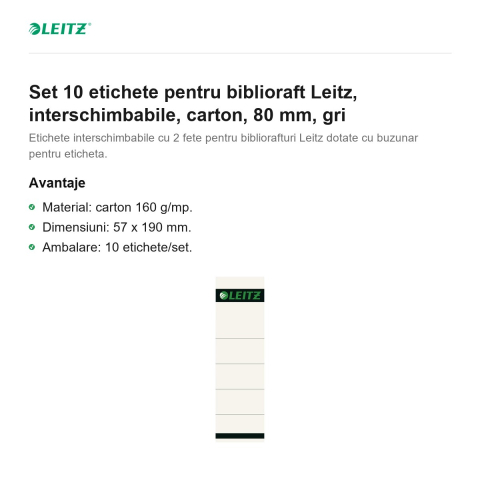 Set 10 etichete pentru biblioraft Leitz, interschimbabile, carton, 80 mm, gri [1]