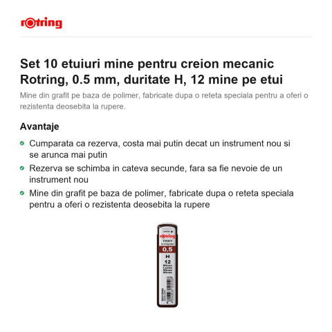 Set 10 etuiuri mine pentru creion mecanic Rotring, 0.5 mm, duritate H, 12 mine pe etui [1]
