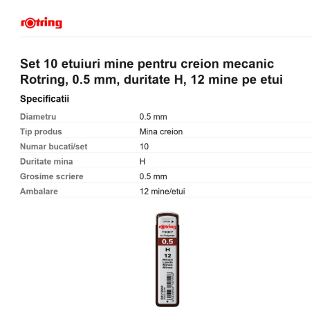 Set 10 etuiuri mine pentru creion mecanic Rotring, 0.5 mm, duritate H, 12 mine pe etui [2]