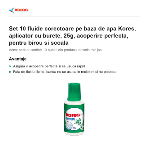 Set 10 fluide corectoare pe baza de apa Kores, aplicator cu burete, 25g, acoperire perfecta, pentru birou si scoala [1]