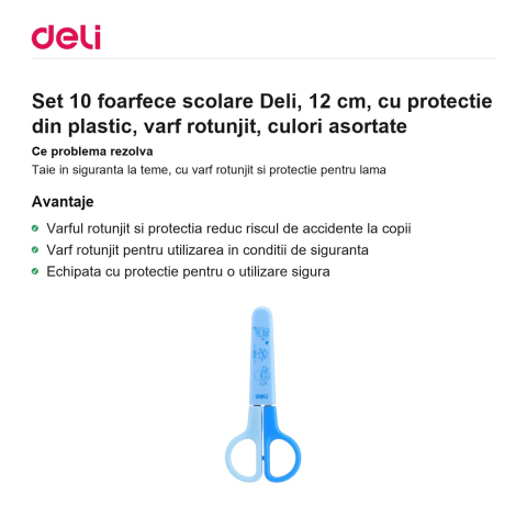Set 10 foarfece scolare Deli, 12 cm, cu protectie din plastic, varf rotunjit, culori asortate [1]
