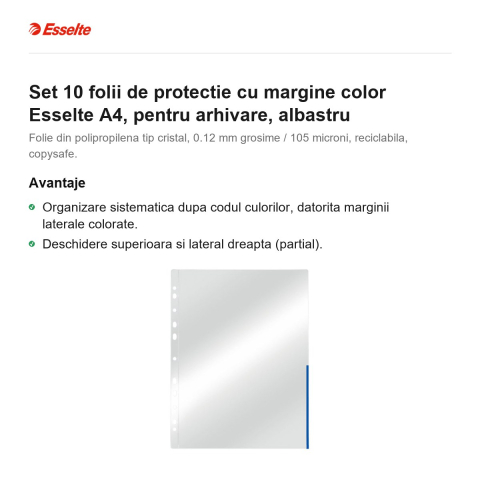 Set 10 folii de protectie cu margine color Esselte A4, pentru arhivare, albastru [1]