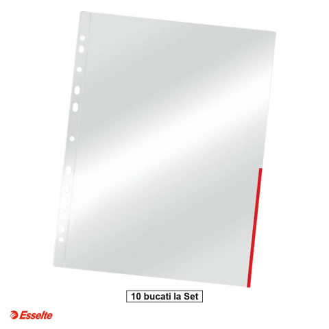 Organizare si arhivare - Set 10 folii de protectie cu margine color Esselte A4, pentru arhivare, rosu