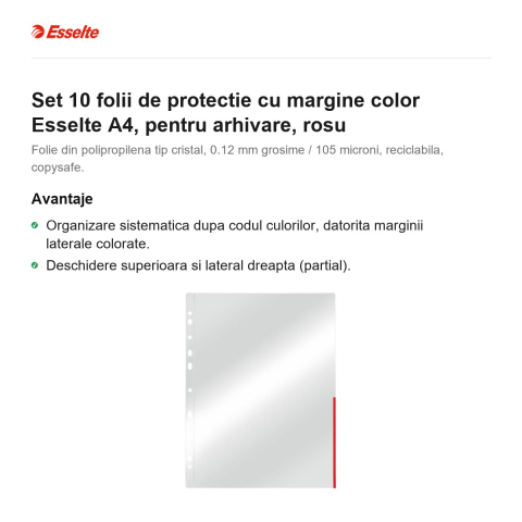 Set 10 folii de protectie cu margine color Esselte A4, pentru arhivare, rosu [1]