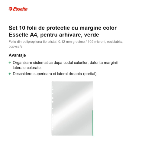 Set 10 folii de protectie cu margine color Esselte A4, pentru arhivare, verde [1]