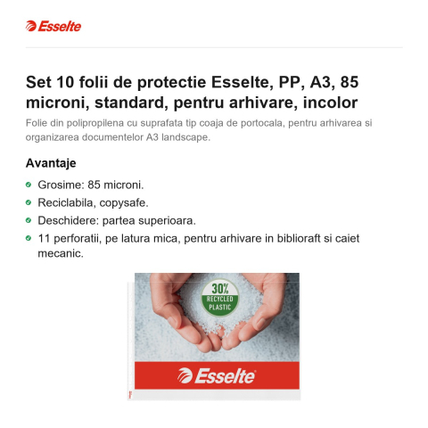 Set 10 folii de protectie Esselte, PP, A3, 85 microni, standard, pentru arhivare, incolor [1]