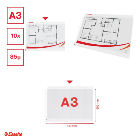Set 10 folii de protectie Esselte, PP, A3, 85 microni, standard, pentru arhivare, incolor [3]
