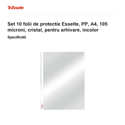 Set 10 folii de protectie Esselte, PP, A4, 105 microni, cristal, pentru arhivare, incolor [2]