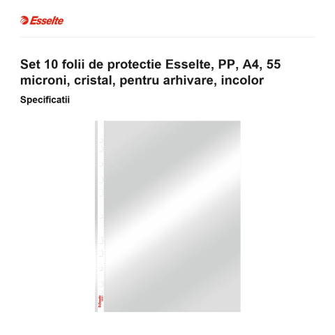 Set 10 folii de protectie Esselte, PP, A4, 55 microni, cristal, pentru arhivare, incolor [2]