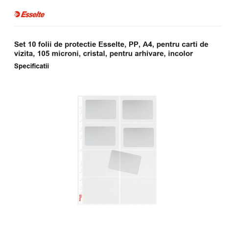 Set 10 folii de protectie Esselte, PP, A4, pentru carti de vizita, 105 microni, cristal, pentru arhivare, incolor [2]