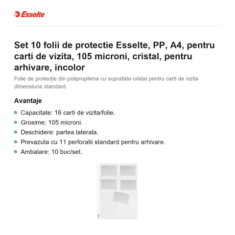 Set 10 folii de protectie Esselte, PP, A4, pentru carti de vizita, 105 microni, cristal, pentru arhivare, incolor [1]