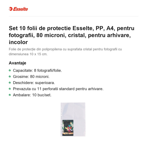 Set 10 folii de protectie Esselte, PP, A4, pentru fotografii, 80 microni, cristal, pentru arhivare, incolor [1]