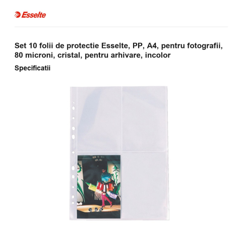 Set 10 folii de protectie Esselte, PP, A4, pentru fotografii, 80 microni, cristal, pentru arhivare, incolor [2]
