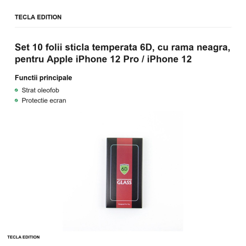 Set 10 folii sticla temperata 6D, cu rama neagra, pentru Apple iPhone 12 Pro / iPhone 12 [1]