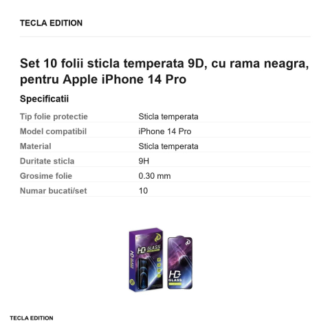 Set 10 folii sticla temperata 9D, cu rama neagra, pentru Apple iPhone 14 Pro [2]