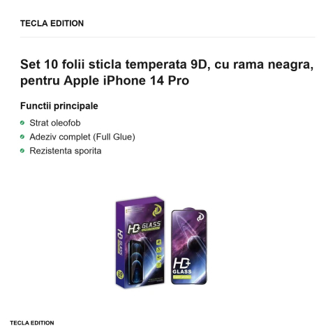 Set 10 folii sticla temperata 9D, cu rama neagra, pentru Apple iPhone 14 Pro [1]