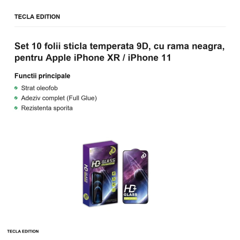 Set 10 folii sticla temperata 9D, cu rama neagra, pentru Apple iPhone XR / iPhone 11 [1]