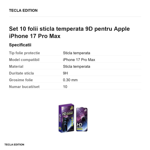 Set 10 folii sticla temperata 9D pentru Apple iPhone 17 Pro Max [2]