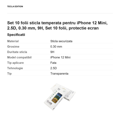Set 10 folii sticla temperata pentru iPhone 12 Mini, 2.5D, 0.30 mm, 9H, Set 10 folii, protectie ecran [2]