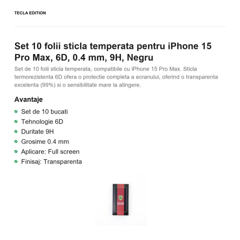 Set 10 folii sticla temperata pentru iPhone 15 Pro Max, 6D, 0.4 mm, 9H, Negru [1]