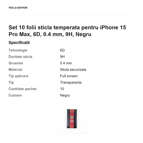 Set 10 folii sticla temperata pentru iPhone 15 Pro Max, 6D, 0.4 mm, 9H, Negru [2]