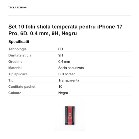 Set 10 folii sticla temperata pentru iPhone 17 Pro, 6D, 0.4 mm, 9H, Negru [2]