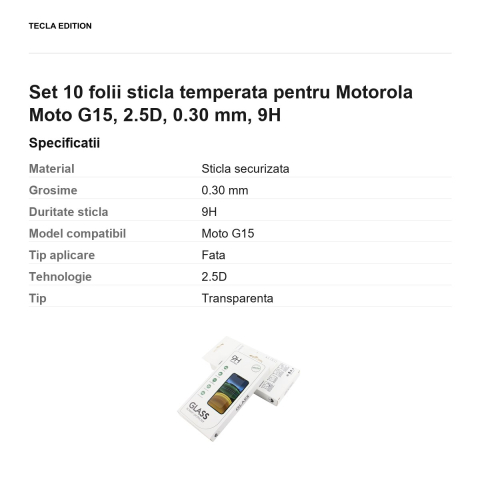 Set 10 folii sticla temperata pentru Motorola Moto G15, 2.5D, 0.30 mm, 9H [2]