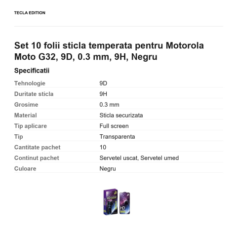Set 10 folii sticla temperata pentru Motorola Moto G32, 9D, 0.3 mm, 9H, Negru [2]