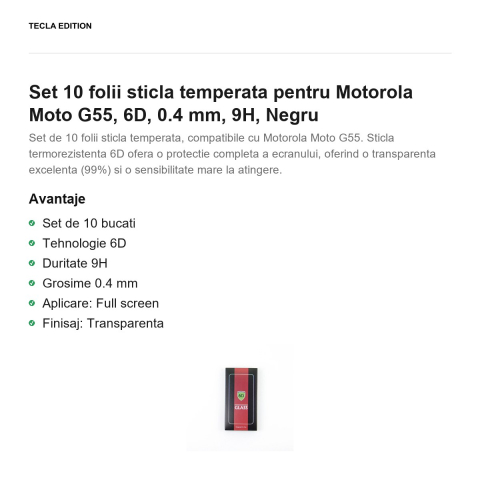 Set 10 folii sticla temperata pentru Motorola Moto G55, 6D, 0.4 mm, 9H, Negru [1]