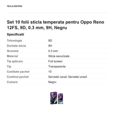 Set 10 folii sticla temperata pentru Oppo Reno 12FS, 9D, 0.3 mm, 9H, Negru [2]