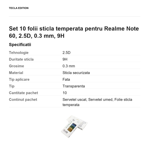 Set 10 folii sticla temperata pentru Realme Note 60, 2.5D, 0.3 mm, 9H [2]
