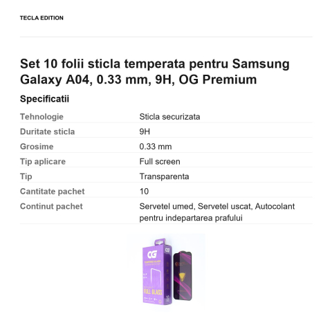 Set 10 folii sticla temperata pentru Samsung Galaxy A04, 0.33 mm, 9H, OG Premium [2]
