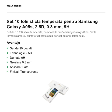 Set 10 folii sticla temperata pentru Samsung Galaxy A05s, 2.5D, 0.3 mm, 9H [1]