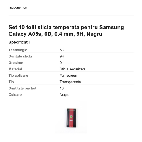 Set 10 folii sticla temperata pentru Samsung Galaxy A05s, 6D, 0.4 mm, 9H, Negru [2]