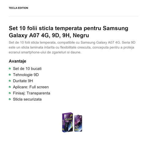 Set 10 folii sticla temperata pentru Samsung Galaxy A07 4G, 9D, 9H, Negru [1]