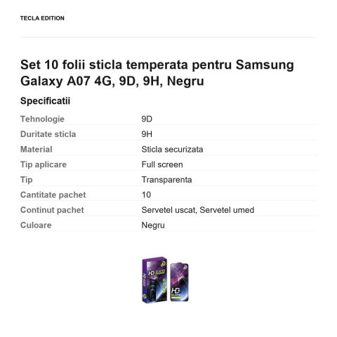Set 10 folii sticla temperata pentru Samsung Galaxy A07 4G, 9D, 9H, Negru [2]