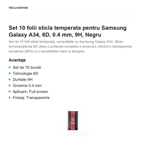 Set 10 folii sticla temperata pentru Samsung Galaxy A34, 6D, 0.4 mm, 9H, Negru [1]