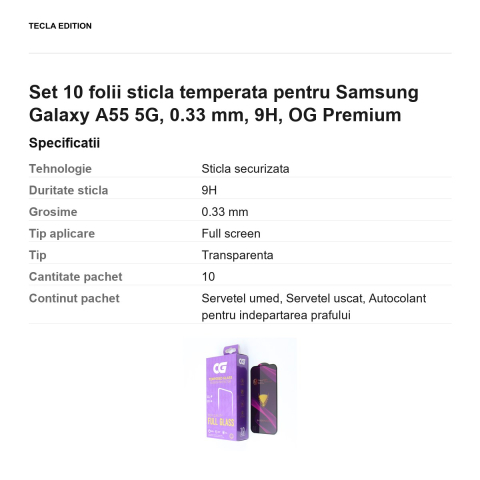 Set 10 folii sticla temperata pentru Samsung Galaxy A55 5G, 0.33 mm, 9H, OG Premium [2]