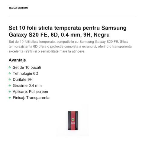 Set 10 folii sticla temperata pentru Samsung Galaxy S20 FE, 6D, 0.4 mm, 9H, Negru [1]