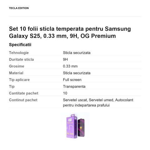 Set 10 folii sticla temperata pentru Samsung Galaxy S25, 0.33 mm, 9H, OG Premium [2]