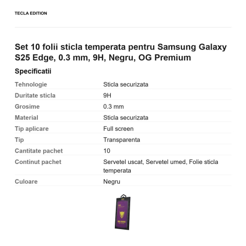 Set 10 folii sticla temperata pentru Samsung Galaxy S25 Edge, 0.3 mm, 9H, Negru, OG Premium [2]