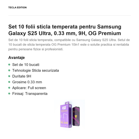 Set 10 folii sticla temperata pentru Samsung Galaxy S25 Ultra, 0.33 mm, 9H, OG Premium [1]