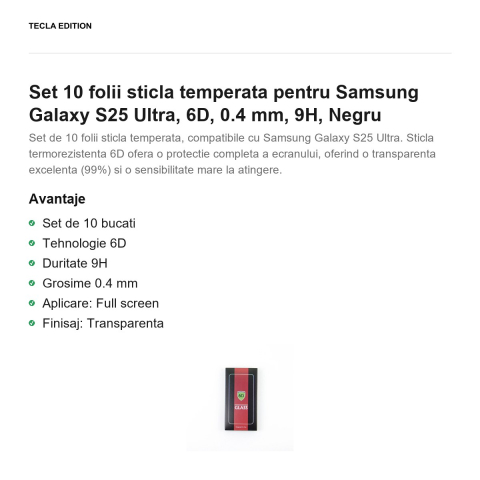Set 10 folii sticla temperata pentru Samsung Galaxy S25 Ultra, 6D, 0.4 mm, 9H, Negru [1]