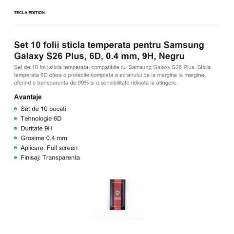 Set 10 folii sticla temperata pentru Samsung Galaxy S26 Plus, 6D, 0.4 mm, 9H, Negru [1]