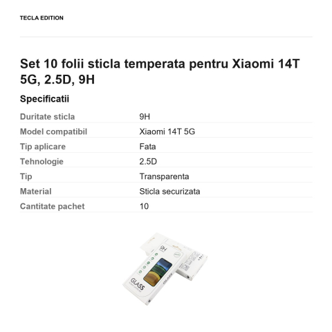 Set 10 folii sticla temperata pentru Xiaomi 14T 5G, 2.5D, 9H [2]
